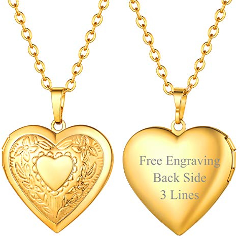 FOCALOOK Damen Collier 18k vergoldet personalisiert Herz Medaillon zum Öffnen Vintage Muster Herz Anhänger Halskette für Foto Bilder Floating Locket Modeschmuck für Valentinstag Muttertag