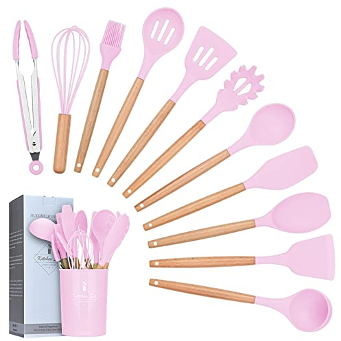 Lychee 12 Piezas Utensilios de Cocina de Silicona, Utensilios de Cocina de Silicona Resistentes al Calor y Antiadherentes con Mango de Madera para Utensilios (Rosado)