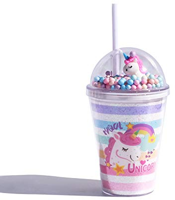 Gshy Unicorn Plastic Cup with Straw Lid Double Wall Insulated Water Bottle for Children 380ml (Pink)