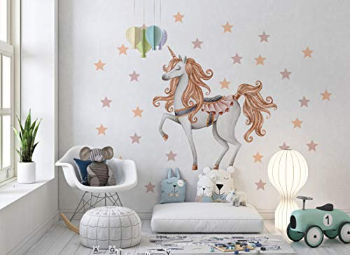 Wandaufkleber Einhorn Pastellfarben Wandbild I Sterne Kinderbilder Junge Kinderzimmer Mädchen Aufkleber Osomhome os2001 (120 x 120 cm)