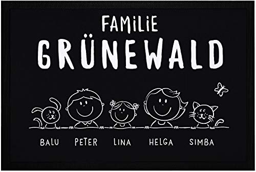SpecialMe® Fußmatte Familie 1, 2, 3 & mehr Kinder Hund Katze personalisiert mit Namen rutschfest & waschbar schwarz 60x40cm