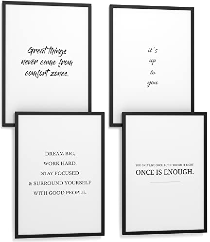 Papierschmiede® Premium Spruchbilder Set 4er mit Rahmen, DIN A3 fertig gerahmt (Material und Farbe wählbar) Motiv: Motivation (english), Poster Bilder Set mit Sprüchen, Typografie Wohnzimmer