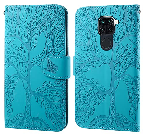Aisenth Handyhülle für Xiaomi Redmi Note 9, Baum Muster PU Leder Handytasche Brieftasche Klapphülle Etui Wallet Flip Case Schutz Hülle mit TPU innen Schale, Kartenfächer, Aufstellfunktion -Blau Grün