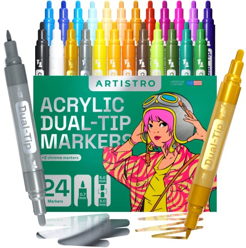 ARTISTRO Acrylic Paint Pens 24 Dual Tip Markers with 2 Mirror Chrome Marker Gold & Silver Extra Fine and Medium Tip + Chisel, Acrylic Paint Markers for Rocks, Wood, Canvas, Glass, Plastic