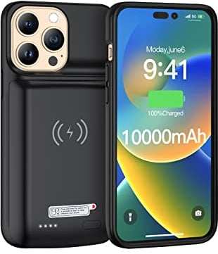 NEWDERY Battery Case for iPhone 14 & 14 Pro 10000mAh Qi Wireless Charging Case,Sync-Data Supported, Extended Rechargeable Charger Battery Pack for iPhone 13/13 Pro iPhone 14/14 Pro(6.1) Black