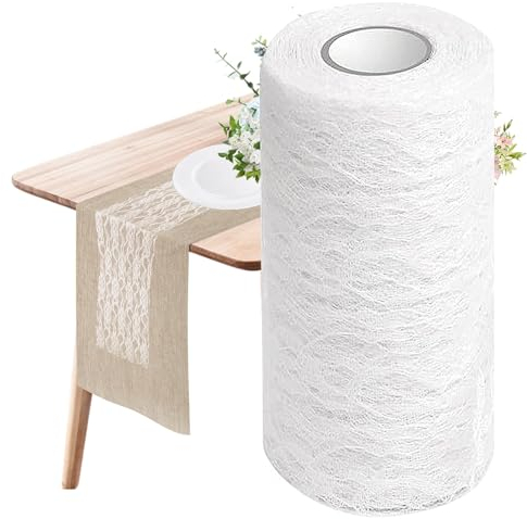 VOCDEMERI Tischläufer Spitze 15cm*22m Weißer Tischläufer mit zarter Spitze Tischdecke Kommunion, Spitzenstoff Weiß, Tischläufer für Vintage Hochzeit Konfirmation und Kommunion Dekoration
