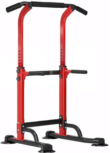 SogesPower Power Tower Dip Station Barra per trazioni per palestra a casa regolabile in altezza attrezzatura per allenamento di forza, rosso