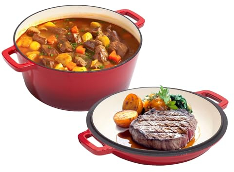 Alathote 2 in 1 Enameled Cast Iron Dutch Oven with Lid 9 Quart | Big Dual Handles | Oven Safe up to 500° F | Classic Round Cast Iron Pot for Versatile Cooking - Red