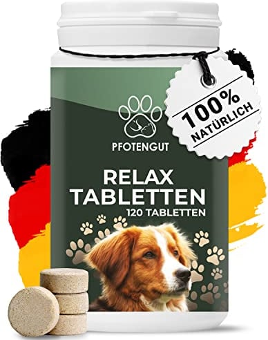 PFOTENGUT® Relax Tabletten 120 Stück [Made in Germany] - Hunde Beruhigungsmittel mit Taigawurzel, Baldrian & Hanfpulver - Natürliches Beruhigungsmittel für Hunde - Verbesserte Version 2023