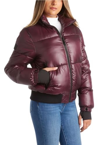 Steve Madden Damen Winterjacke – Isolierte gesteppte Moto Puffer Jacke – schwere Oberbekleidung Bomberjacke für Frauen, S-XL, Merlot, L