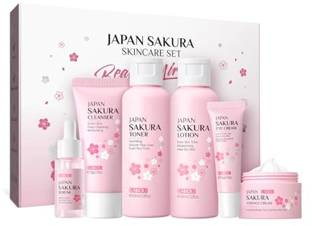 LAIKOU Hautpflege Geschenkset Frauen, 6 Stück Sakura Gesichtspflege Set, Beauty-Geschenksets, Hautpflegeset Mädchen mit Reiniger Gesichtswasser Lotion Serum Augencreme Gesichtscreme