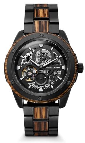 Original Grain Whiskey Black Rugged Automatic 44mm | Automatic Movement, 316L Stainless Steel, Adjustable Watch Band | 10ATM Water-Resistant & Scratch-Resistant | Whiskey Barrel Wood