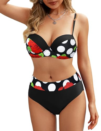Rayson Maillot de Bain Femme 2 Pieces Elégant et Rembourré Push up Bandeau Bikini Maillots Deux Pieces Imprimé Floral Bikini Ensemble Femme(Blanc à Pois, XL)