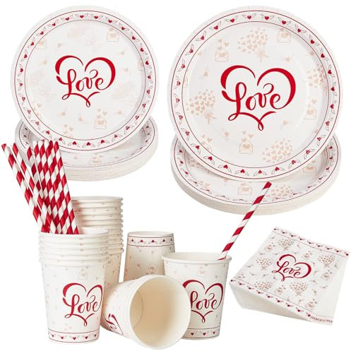 Lot de 140 pièces de vaisselle pour la Saint Valentin avec assiette, gobelet, serviette et pailles, design d'amour rouge, 25 invités
