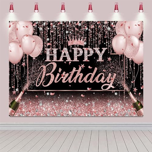 Hnmdmyi 2.1x1.5m Toile de Fond Joyeux Anniversaire Noir Argent Rose Or Paillettes Ballon Fond Photographique Fille Princesse Femme Décorations Anniversaire Bannière Photo Booth Props