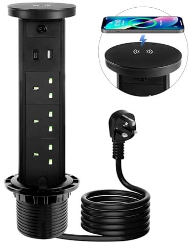Pop Up Power Socket for Worktops - Wireless Charging with LED Light, Multi Plug Socket (3 UK Plugs, 1 USB A, 1 USB C), Charging Station for Kitchen, Office