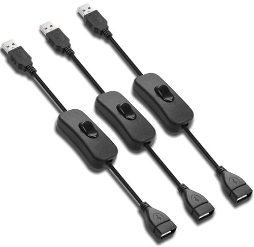 HATMINI 3 cables de extensión USB 2.0 de 5 V macho a hembra, extensor con interruptor, compatible con transmisión de datos y corriente, apto para ventiladores USB, tiras LED, escritorio