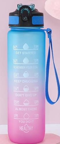 DUNSOO Trinkflasche 1L mit Strohhalm BPA Freie, Wasserflasche Auslaufsicher, Trinkflaschen mit Zeitmarkierung und Bürste für Fitnessstudio, Schule, Büro, Outdoor, Sport, Fitness