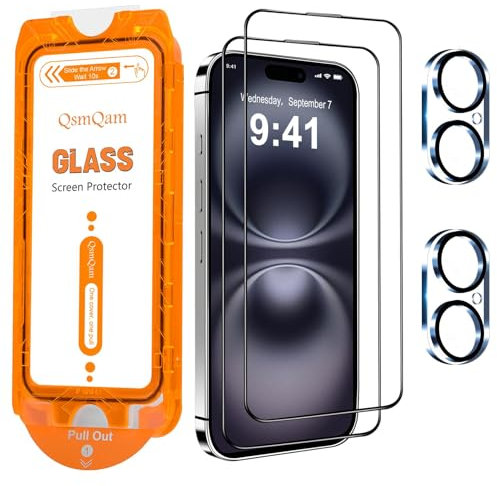 QsmQam für iPhone 16 für Panzerglas + Kamera Schutzfolie, Militärstandard Bruchsicherer, [Full Screen], Ultra Top 9H+ Glas, Auto-Installation, mit Auto-Staubentfernung [2+2 Stück]