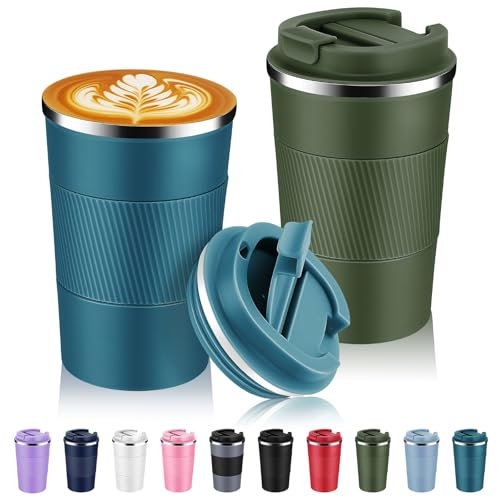 Volhoply 380ml 13oz Stainless Steel Insulated Travel Coffee Mug with Fip Lid Bulk 2 Pack,Reusable Double Wall Vacuum Metal Coffee Cup,Portable Leak Proof Tumbler for Hot&Cold Drinks(Assort Color,2)