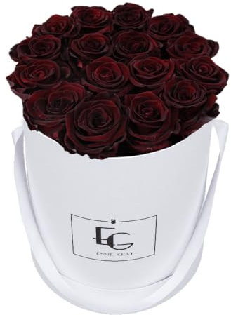 EG EMMIE GRAY Classic Infinity Rosebox | Round | M | White – Rosenanzahl: 16 ± 1 Infinity Rosen mit langjähriger Haltbarkeit, echte Rosen die bis zu 3 Jahre blühen, konservierte Rosen (Burgundy)