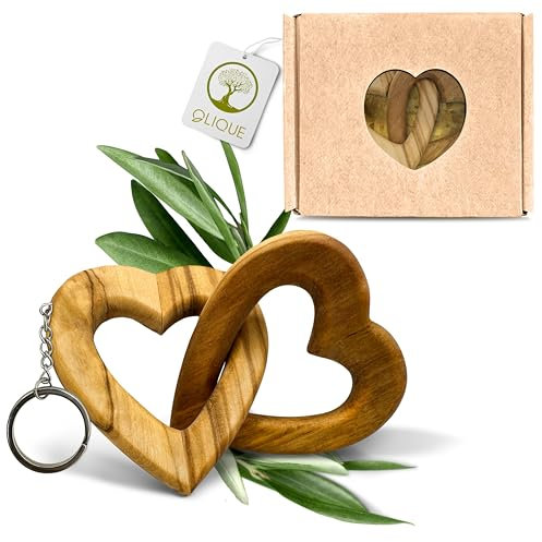 OLIQUE Holzherzen, Olivenholz - Verbundene Holz Herzen als individuelles Geschenk zur Hochzeit, Hochzeitstag oder Verlobung (5 cm Schlüsselanhänger)