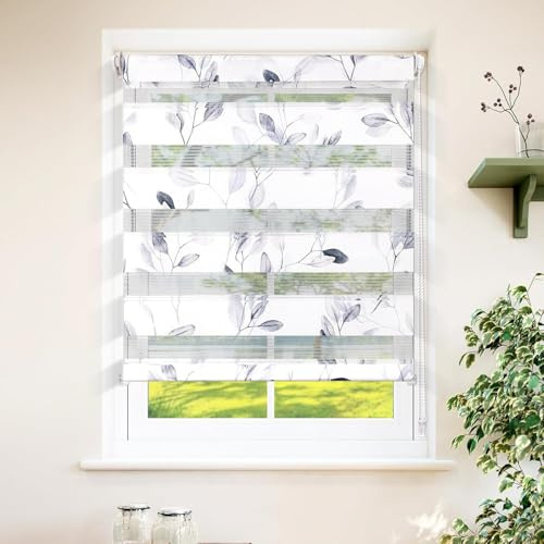 Grandekor Doppelrollo Klemmfix ohne Bohren mit Muster 65 x 130 cm Blätter | Rollos Stoffbreite 61 cm für Fenster & Tür ,Duo Rollo Sichtschutz & Hitzeschutz für Wohnzimmer Kinderzimmer Badezimmer