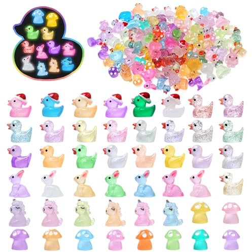 BelleStyle 100 Stück Mini Leuchtende Harz Tiere, 10+ Farben Kleine Bunte Enten Figuren Miniatur Harzenten für Puppenhaus Garten Micro Landschaft Aquarium Bonsai Dekoration - Partygeschenke Spielzeug