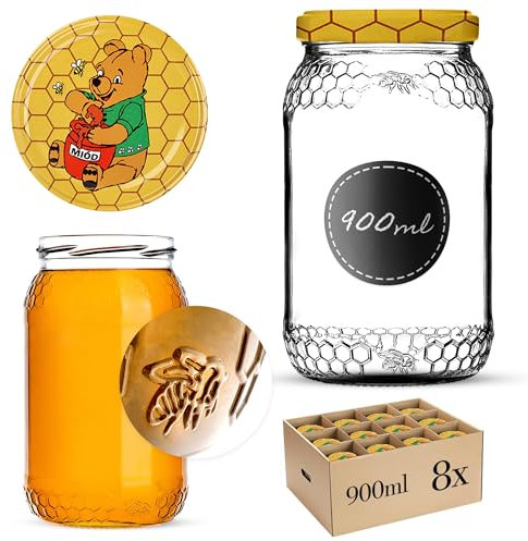 KADAX Tarros de miel de 900 ml, tarros de conservas con tapa de rosca fi82 mm, tarros para miel, tarros de mermelada, tarros de rosca (8 unidades), diseño de Winnie the Pooh