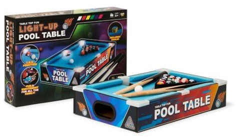 Toy Mania Light Up LED Mini Table Pool - Compact Portable Arcade-Style Gaming, Battery-Operated with Sliding Scoreboards, Fast-Paced Action Table Game Set for All Ages Family Fun