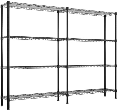 Bonnlo 4-Tier Heavy Duty Metal Shelving Unit, Double Row Adjustable Storage Rack, Coated Steel Shelves for Kitchen, Pantry, Garage, Living Room, Greenhouse & Display,147x35x150cm, Black