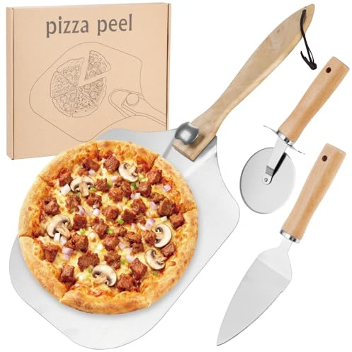 Pizza Peel 12x14, Metal Pizza Paddle with Removable Wooden Handle, Metal Steel Pizza Spatula Set with Rocker Cutter, Ideal for Family Pizza Oven Baking,Dough, Bread & Pastry
