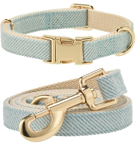 YUDOTE Hundehalsband und Leine Set Mittel, Weiche Reizfreie natürlicher Baumwolle mit Twillgewebe für Hund mit empfindlicher Haut, Hellblau