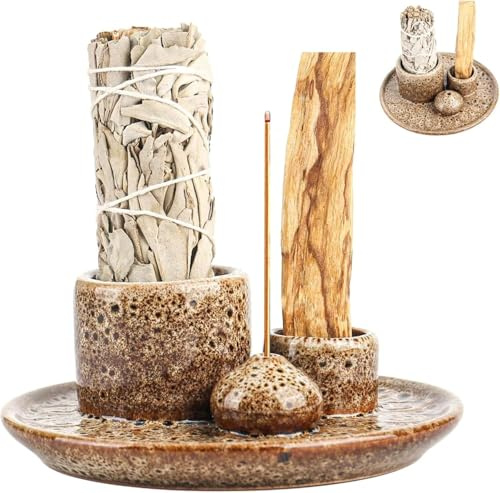 4 in 1 Räucherschale für Palo Santo, Räucherstäbchenhalter, Keramik Räucherschale für jedes Räucherwerk, Palo Santo Räucherstäbchen Weißer Salbei, Palo Santo Sticks, Räucherkegel