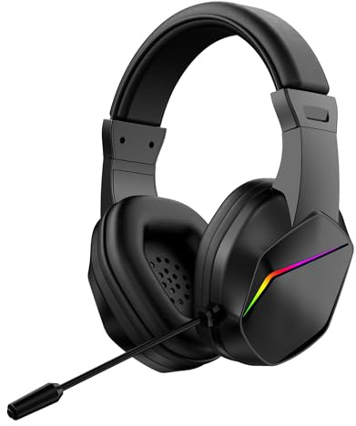 Denash Wireless Gaming -Headset, Headset mit Niedrigem Latenzspiel mit LED -Leuchten, 40 -mm -Treiber und Ohrhörer Ohrhörer für Esports Live -Streaming (Black+Wireless BT -Version)