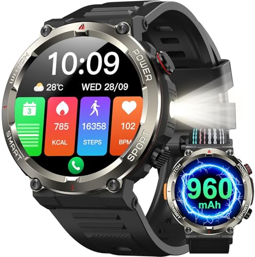 IOWODO Smartwatch Uomo, 1.45 Militari Orologio Intelligente con Torcia Bussola, Batteria 960mAh, IP68 Impermeabile, Orologio Fitness con Chiamate Bluetooth, Cardiofrequenzimetro Sonno, Android iOS