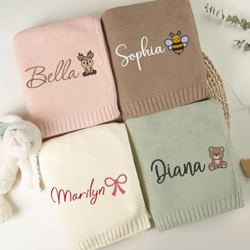 OVERHYPZ Coperta Personalizzata In Cotone Lavorata A Maglia Con Nome, Nome E Motivi Ricamati, 76 X 102 Cm, Coperta Cellulare Personalizzata Per Passeggino Neonato, Regalo Per Neo Mamme
