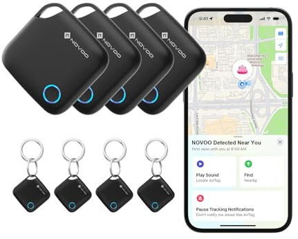 NOVOO Smart Tracker 4er Pack kompatibel mit Apple Find My, Schlüsselfinder & Gepäck Bluetooth Tracker, Mini Finder für Schlüssel, Koffer, Geldbörse, Reisepass, IP67 Wasserdicht (Nur iOS)