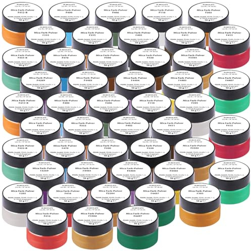 AGT Epoxidharz-Glimmerpulver: 48er-Set Mica-Farbpulver, je 10 g/Farbe für Epoxidharz (Pigmentpulver, Perlglanz-Pigmente)