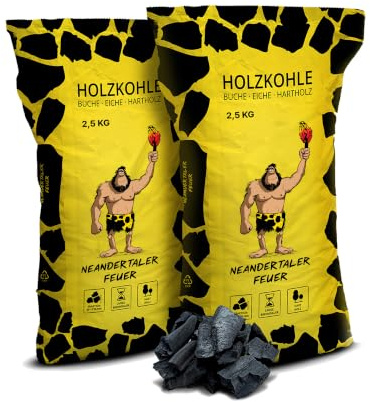Neandertaler Feuer Holzkohle Grillkohle Buche - Charcoal 5 kg (2 x 2,5 kg) BBQ Kohle für Grill Smoker Kamin | Grillholzkohle aus Laubholz Buchenholzkohle | Restaurant Qualität