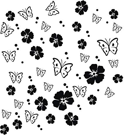 kleb-drauf | 19 Blüten, 19 Schmetterlinge und 42 Punkte | Schwarz - matt | Wandtattoo Wandaufkleber Wandsticker Aufkleber Sticker | Wohnzimmer Schlafzimmer Kinderzimmer Küche Bad | Deko Wände Glas Fenster Tür Fliese