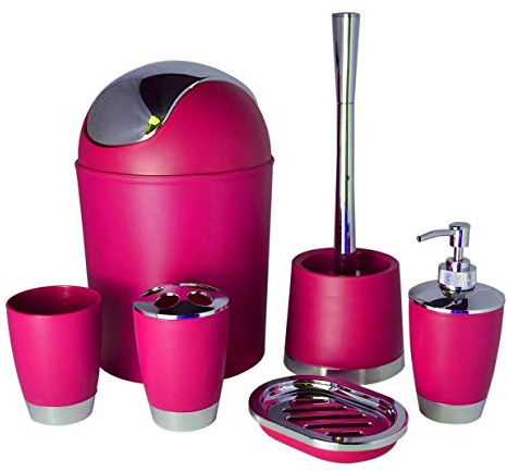 Bathlux Modern Design 6 Piece Bathroom Accessory Set, Toilet Brush, Waste Bin, Soap Dish, Tooth Brush Holder Soap Dispenser, Rinse Cup (Dark Pink)