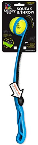 Spunky Pup Squeak & Throw Ball Thrower, Throws Balls Up to 100 Ft, Built in Squeaker, Perfect for Energetic Dogs, Includes Tennis Ball