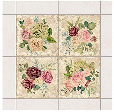 Bilderwelten Fliesenaufkleber Vintage Rosen und Hortensien 15 x 15cm Set 4teilig 15x15cm