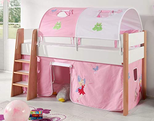Froschkönig24 Hochbett SAM 3 Kinderbett Spielbett halbhohes Bett Buche Weiß Stoff Prinzessin, Matratze:mit