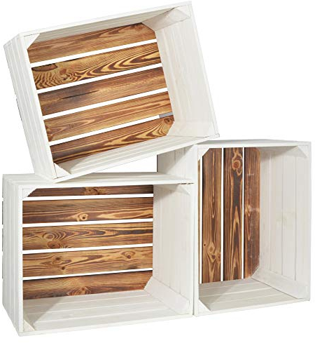 CHICCIE 3 Set Holzkiste Grete Weiß Geflammt 50x40x30cm - Weinkiste Dekokiste
