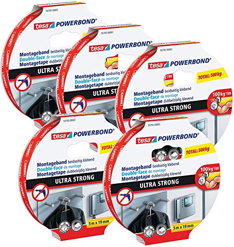 tesa Powerbond Ultra Strong Montageband/Doppelseitiges Klebeband für eine besonders starke und dauerhafte Befestigung ohne Bohren (5 Rollen / 5m:19mm)