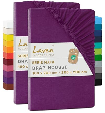 Lavea® Juego de 2 Sábanas Bajeras Ajustables 180x200-200x200 cm – para Cama 180, Colchones Altos hasta 20 cm, 100% Algodón, con Elástico, Lila