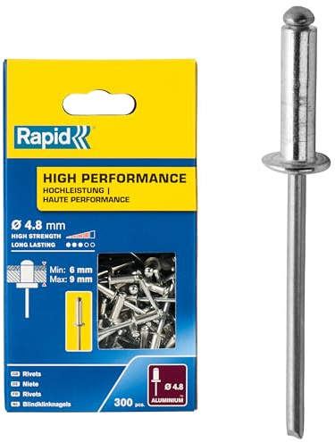 Rapid Blindnieten Aluminium 4,8 x 12 mm, 300 Stk. für Nietzangen | Flachrundkopf aus Aluminium; 6–9 mm Klemmbereich; 4,8 mm Durchmesser; für Metall & Kunststoff; 300 Stück