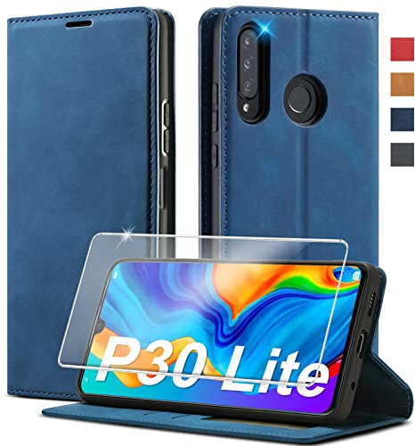 Handyhülle für Huawei P30 Lite Hülle Leder [mit P30 Lite Schutzfolie] für Huawei P30 Lite Hülle Klappbar Stoßfeste Flip Leder Schutzhülle Case Handyhülle für P30 Lite